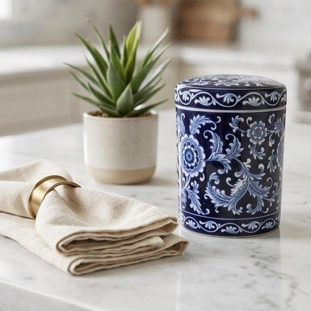 Pier 1 Mandarin Lidded Canister Jar 7.5" Cobalt Blue & White Vintage Heavy - Picture 10 of 11